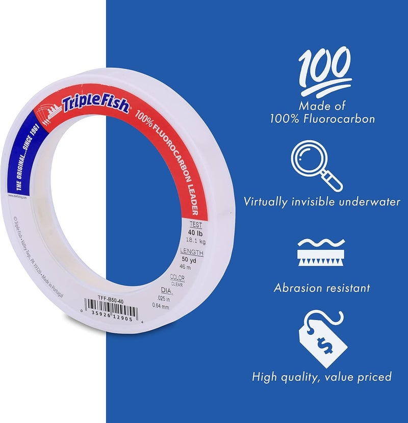 Triple Fish 100% Fluorocarbon Fishing Leader - Clear Invisible Strong and Heavy Duty Highly Abrasion Resistant, Fast Sinking Freshwater & Saltwater - Image 2